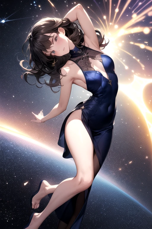 1girll,(Enchanted quality:1.4),(True textured skins of the highest quality), Delicate face,Black hair, Gradient Hair, petite body,(perfect bodies:1.1), There is a jewel on the forehead, rimless eyewear, PUPILS SPARKLING,long eyelasher,grin, hyperphotorealism, Cinematic lighting, projected inset, surrealism, hyper HD, masutepiece, 16 K,Lie down,Dream On,Please wear clear silk pajamas,Carmelto,legs slightly open,tattooed,Fantasy space,Luxurious space --auto