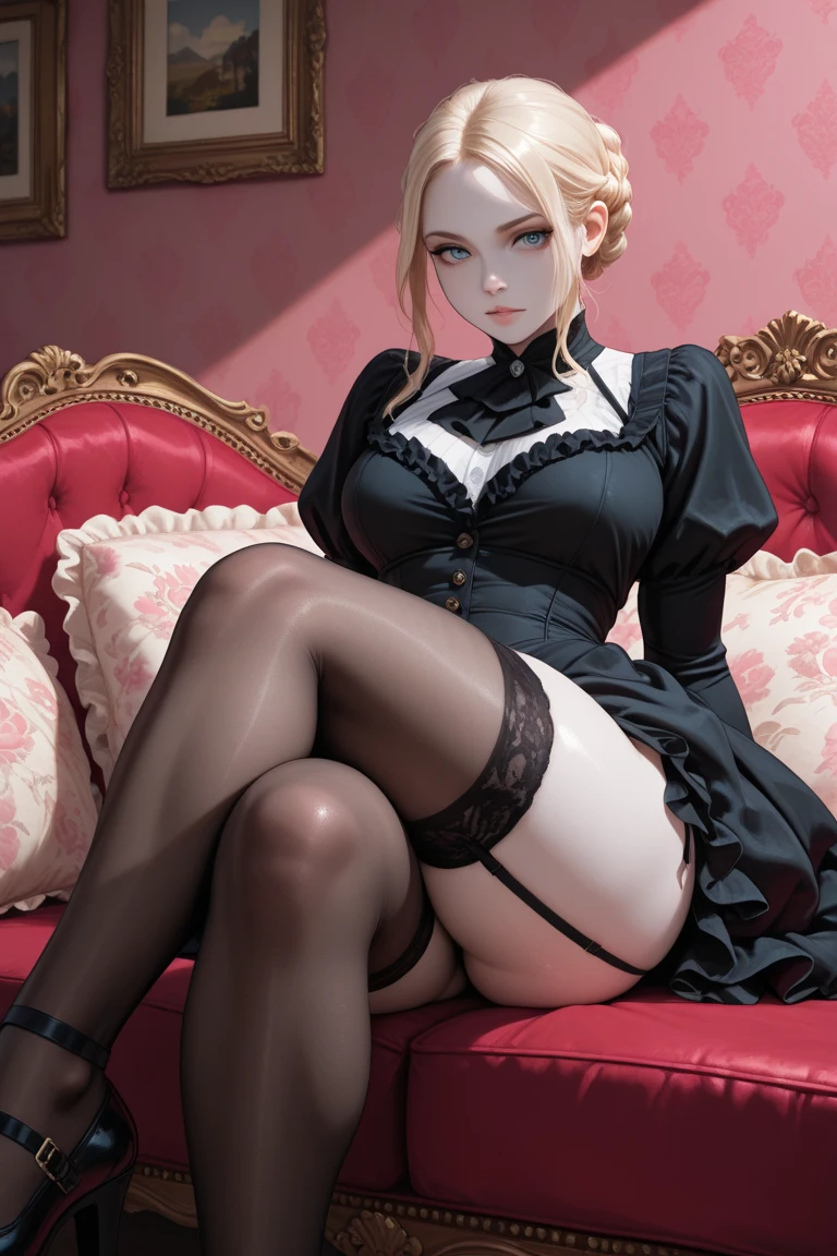 ((highest quality)), ((masterpiece)), (detailed), Perfect Face,Gothic style,English Garden,Wet Chair,Sitting,Spread your legs,orgasm,beautiful girl,velvet,corset,Frills,organdy,Lace clothes,crinoline,(Sweat),((Oily skin)),Wet thighs,Thigh-high socks,