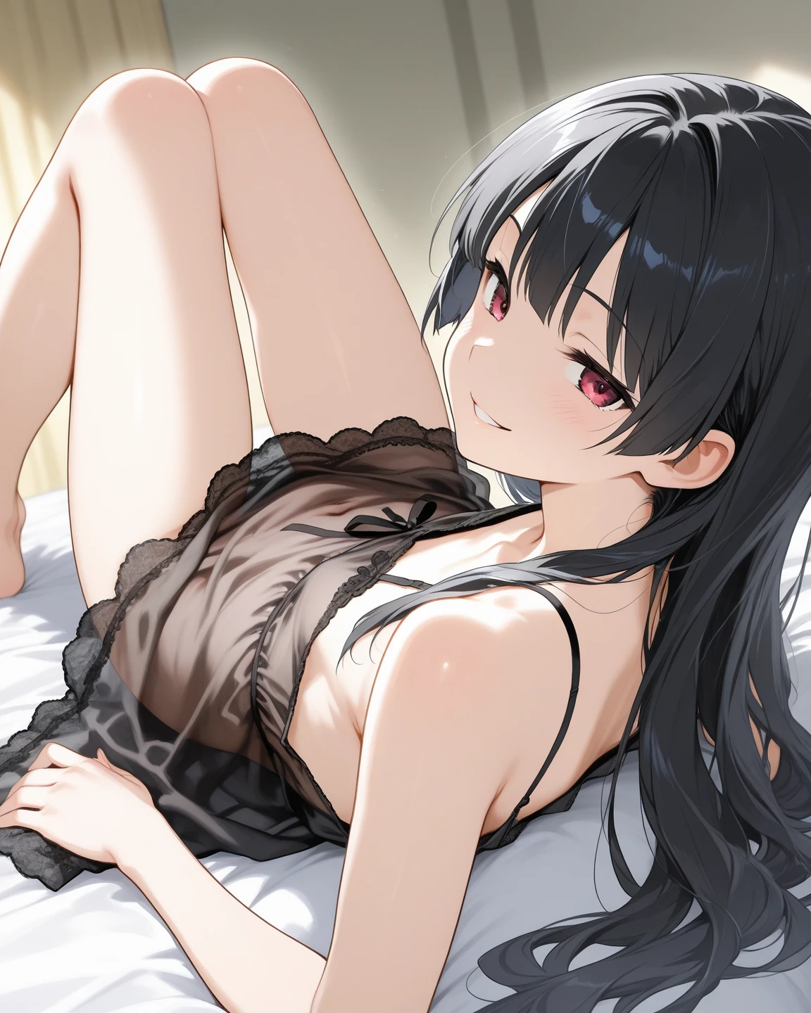 Licking a banana,from front,front view,looking at viewer, looking ahead,from above,cowboy shot,1girl,Beautiful 14 year old girl,Japanese,Slender,,low length,Small breasts,Thin legs,Small Ass,Baby Face,Small face,Black Hair,one side up,Gray Eyes,slit pupils,Drooping eyes,middle School girls,Sheer black and pink negligee,lingerie,open mouth,tongue out,front face,Kneeling,Straight Stand,Beautiful and detailed anime art,Mischievous smile,Sexy vibe,cum on tongue,Dimly lit room,On the bed,Simple Background,Gray background,Low lighting,