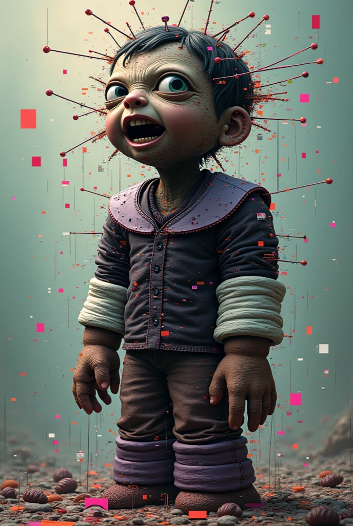A boy is covered in soot after an explosion due to a failed concoction