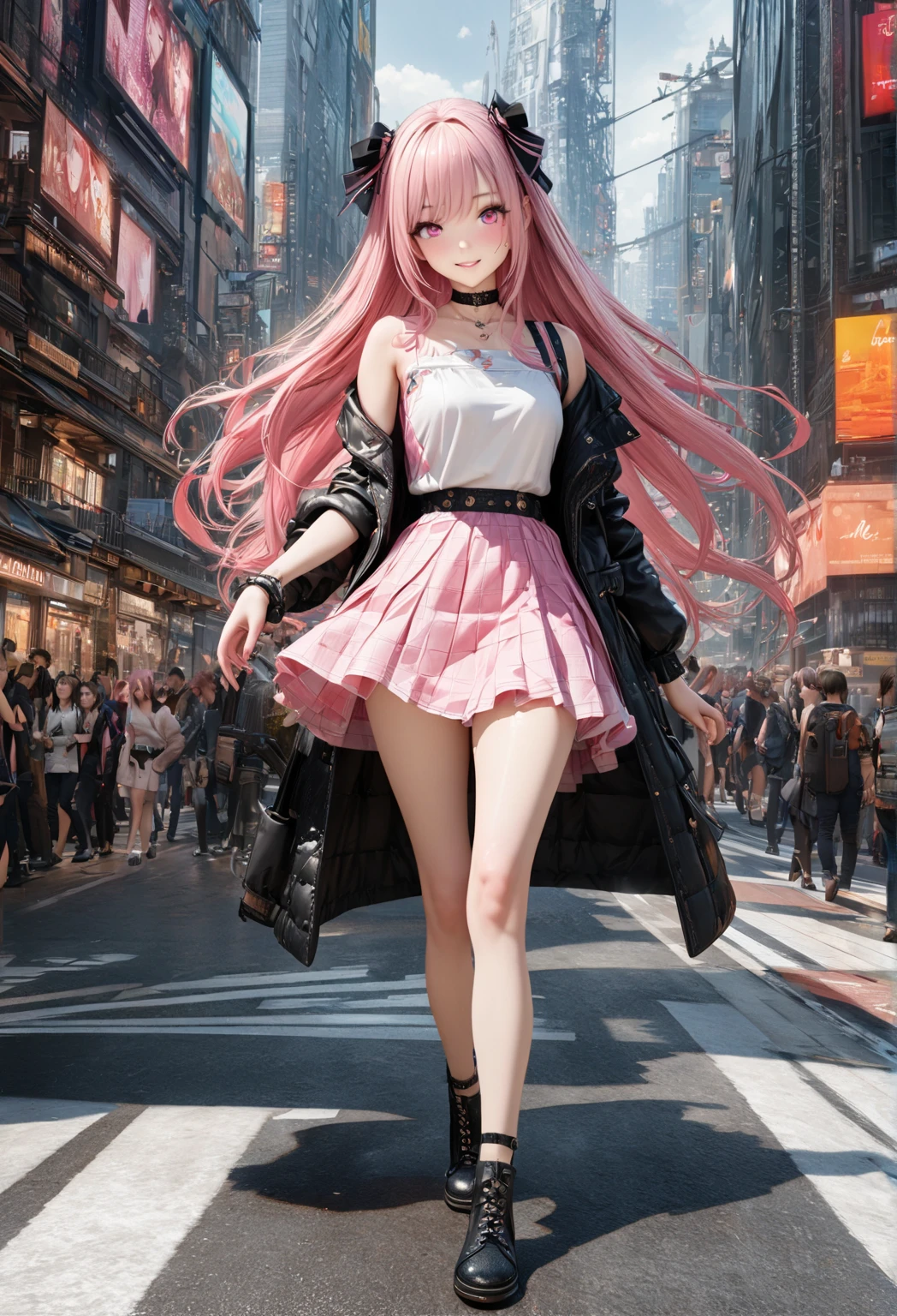 High Resolution, Best Quality, Masterpiece, Very high image quality, Ultra-detailed, A hyper-realistic, ..3d, the anime, Illustrations, Fantasy, Hard Rock Girl, very extremely beautiful, Milo, pink wavy hair, side braid, mini skirt, knee high socks, Engineer's boots, The Backstory of Cyberpunk City Galaxy