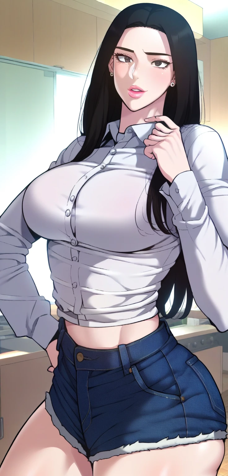 ,score_9, score_8_acima, score_7_acima, score_6_acima, score_5_acima, score_4_acima, ((, 1 menina, long hair, black hair, black eyes, gray eyes, olhos azuis, separated fringes, PINK LIPS,white shirt, long sleeves, folded shirt, high waist shorts, jeans,
seductive expression,(obra-prima)), mais high quality, very detailed,(uma garota), master piece, Best Quality, score_9, score_8_acima, score_7_acima, score_6_acima, score_5_acima, score_4_acima, obra-prima, Best Quality, very aesthetic, absurdos, score_9, score_8_acima, score_7_acima, score_6_acima, score_5_acima, score_4_acima, origem_anime, tag1, etiqueta2, Best Quality, high quality, detalhado, high resolution, 8k, ultra high resolution, soft saturation , Professional quality, Perfect contrast, perfect lighting, Anatomically correct, big breasts, wide hips, gigantic ass, Sexy woman, young woman, seductive face BREAK Focus, detailed focus on the face ,(nsfw:1.3, vapor:1.3), Naughty expression, olhar sexy, standing
