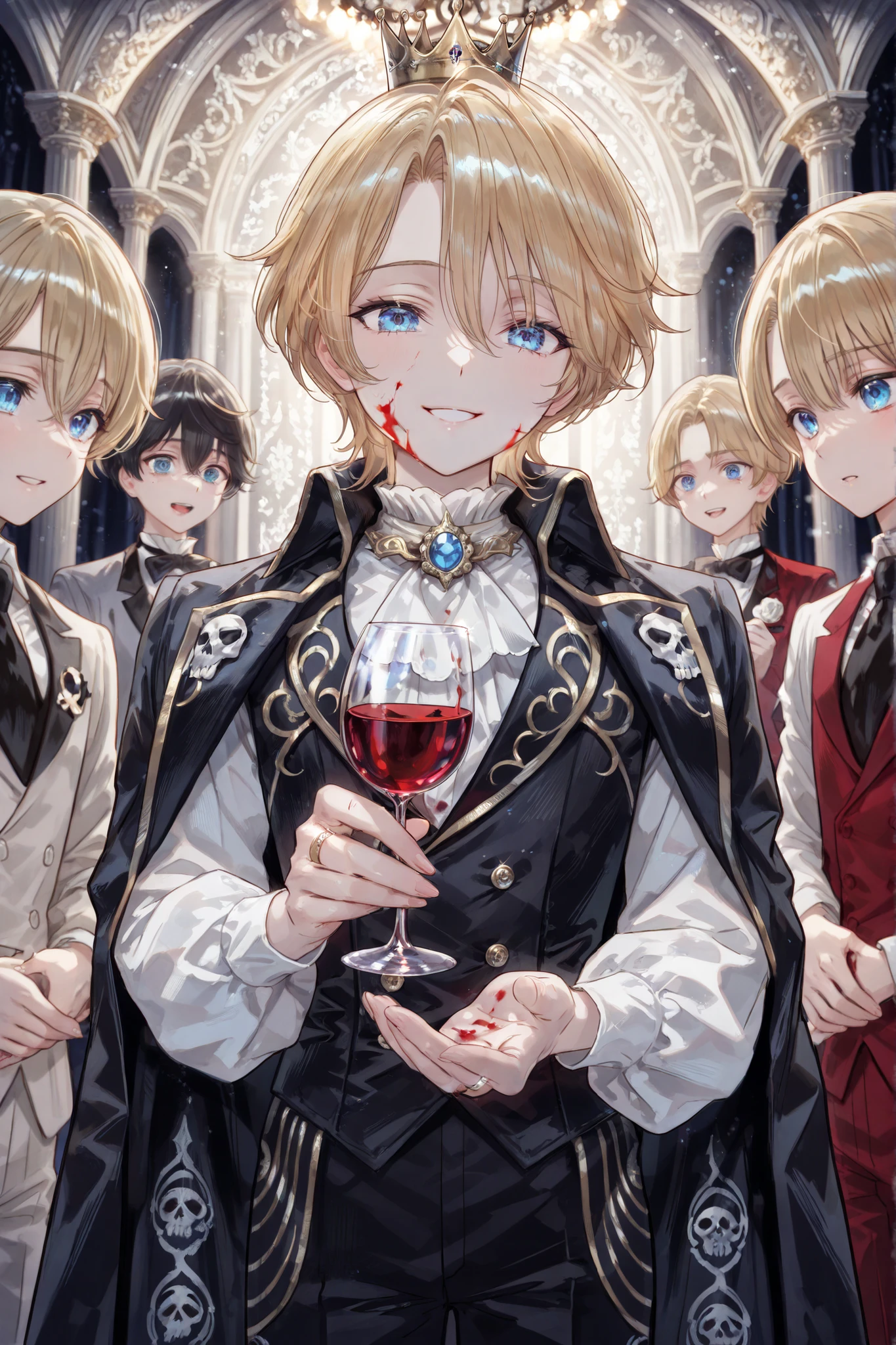 Professional grade ,exquisite presentation,comic illustration style, Fantasy Style ,The young boy in black and white Goethe-style male costume, Young boy character,Beautiful and delicate young boy Prince, flat chest, Long Blonde Hair , blue eyes,holding a tall red wine glass in his right hand with a gorgeous ring decoration on his jacket, Banquet scene with blood and skull patterns, Dim Lights, Young boy with horror,The young boy is surrounded by a sense of intrigue,The overall mood of the picture is formal and mysterious, conveys both aristocracy and danger. 's perspective and composition present a dramatic and focused perspective that slightly emphasizes her smiling facial expression