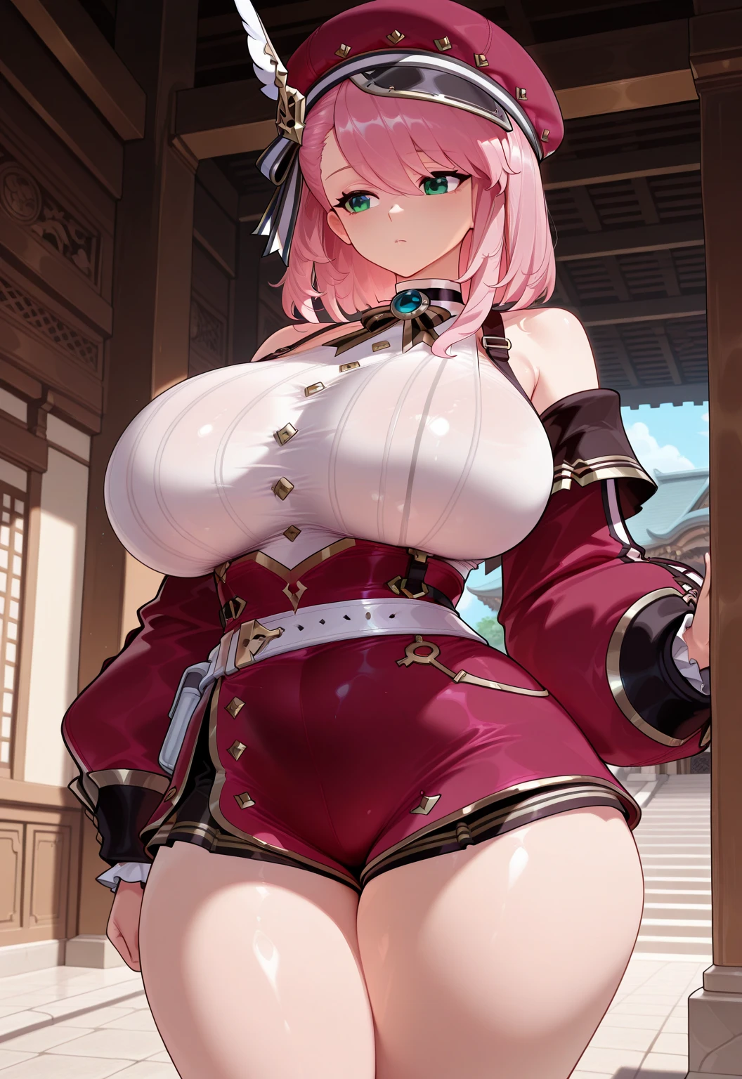 4K,high resolution,2 girls,pink hair,long hair,braid,green eyes,big breasts,Naga queen,白色のNaga queen服,removable arms,white samurai armor,full armor,Heavy armor,black fishnet stockings,decorative ornaments,large Japanese sword,Medieval Village,Show your breasts,large breasts,see nipples,