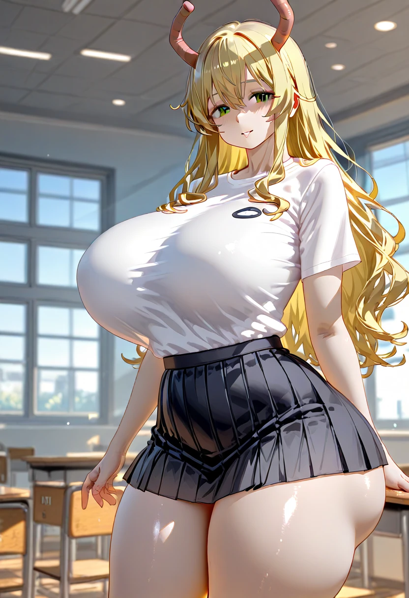 UHD,venusbody,1girl,solo,(gigantic breasts:1.1),(gigantic hips:1.2),wide hips,thick thighs,(huge thighs:1.3),white shirt,pencil skirt,smile,happy,open mouth,thighhighs,very long hair,short hair,brown hair,(long hair:1.4),blonde hair,forehead,looking at viewer,classroom,collar,glasses