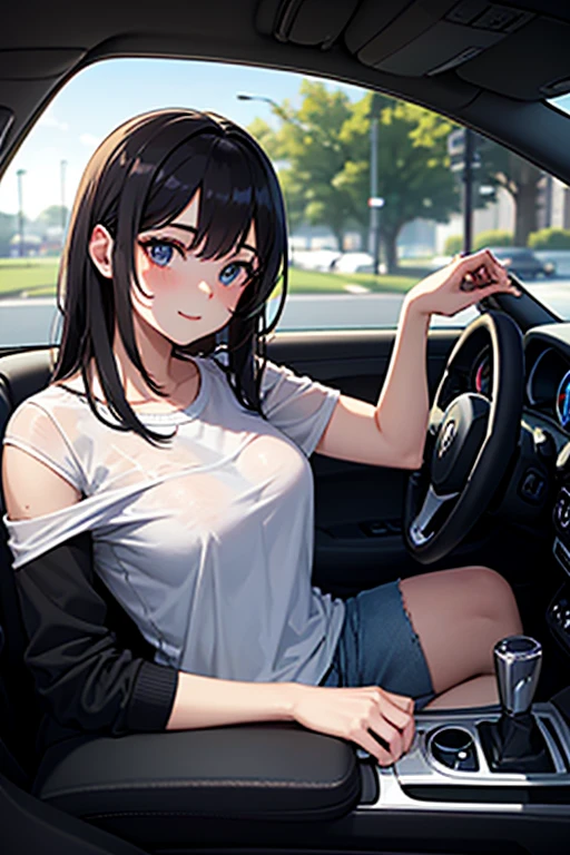 4K, A high resolution, Best quality at best, masterpiece, perfect colors, perfect shadow, perfect litthing, ((sportrait)), Anime girl sitting in car with hand on chin, Anime visuals of cute girls, Seductive Anime Girl, charming anime girls, anime styled, High quality anime art style, Beautiful anime girl, young anime girl, Anime Girl, Anime Girl with Long Hair, tight crop top, big breast, half breast open, background is Tokyo city 80s, an anime girl, Cute anime girl, face closeup