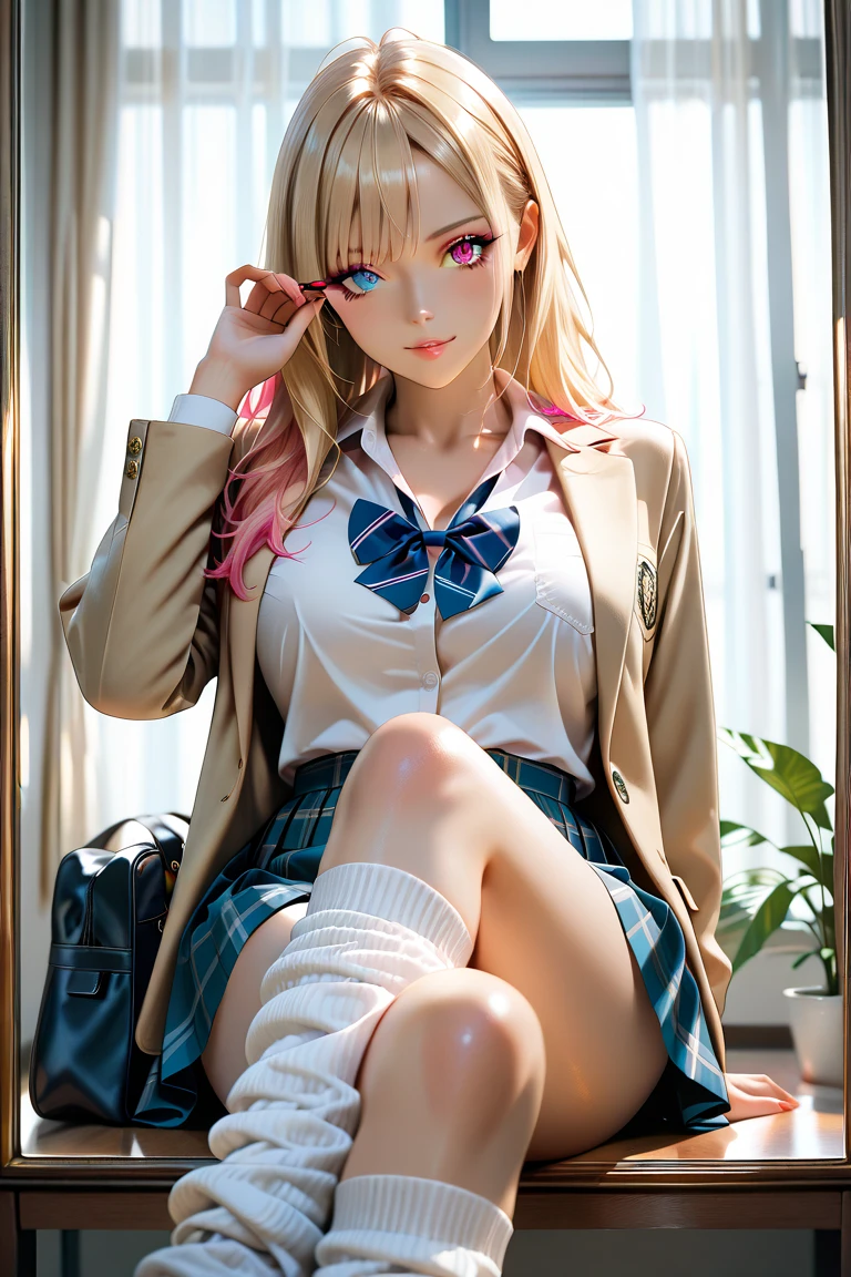 Photorealism、highest quality、超A high resolution、Browsing Caution、Japanese 、18-year-old、Woman in uniform sitting on bed、Low angle shot:1.5、M-shaped foot:1.4、She opened her legs wide:1.5、Sit with your knees bent and your legs apart、((Showing panties:1.5))、A sexy look for the camera、((Blonde))、((pink silk panties))、Panties close up:1.4、Light blue shirt、Dark blue tartan check pleated skirt、Dark blue socks、A cute and beautiful face down to the last detail、(Purelos Face_v1:0.008)、Brown eyes、eyeliner、blush、Embarrassing、Glare、 Glossy Lips: 1.4, impatience、It was scary、Glare、Panty Appeal、Panties close up:1.3、blush、is crying、cry、Open your knees、Spread your legs、Disheveled clothes、dressing、Medium Long Hair,In the bedroom、Anatomically Accurate human body、Perfect Arms、Perfect hands、Perfect Fingers、Perfect Legs、Accurate human body