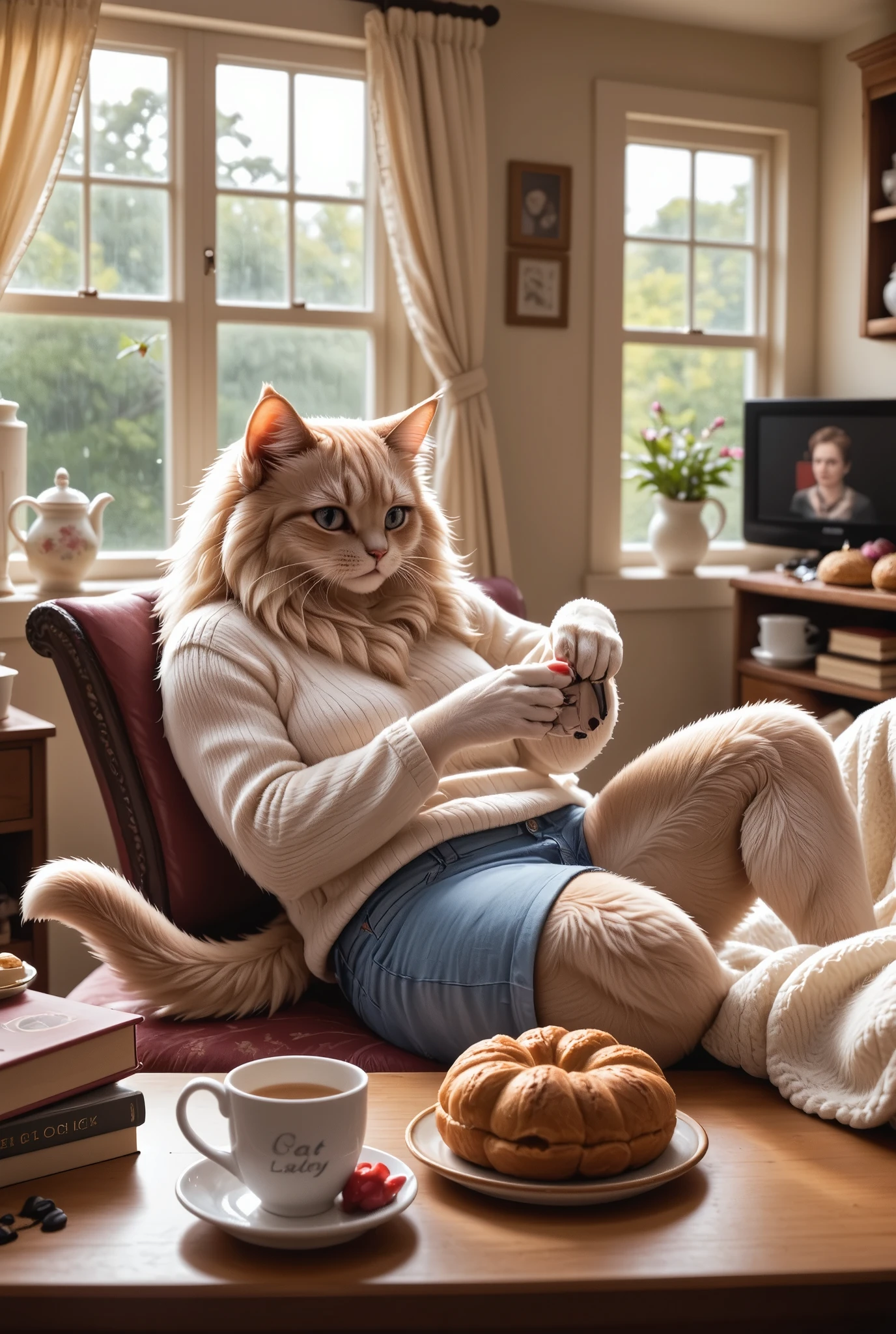 A fluffy Persian cat lounges in a sunlit cottage kitchen, her silky fur blending with a cream cashmere sweater & blue short jeans, sleeves rolled up as she stirs a pot of lavender tea. Polished claws tap a marble countertop cluttered with vintage cookbooks and a half-eaten croissant, while her tufted tail curls around a ceramic mug labeled ‘Cat Lady.’ Golden light filters through lace curtains, illuminating her jewel-blue eyes fixed on a rain-streaked window where a hummingbird feeder sways. Cozy chaos reigns: knitted blankets drape a claw-marked armchair, and a TV murmurs a rerun of ‘Great British Bake Off’ in the background.