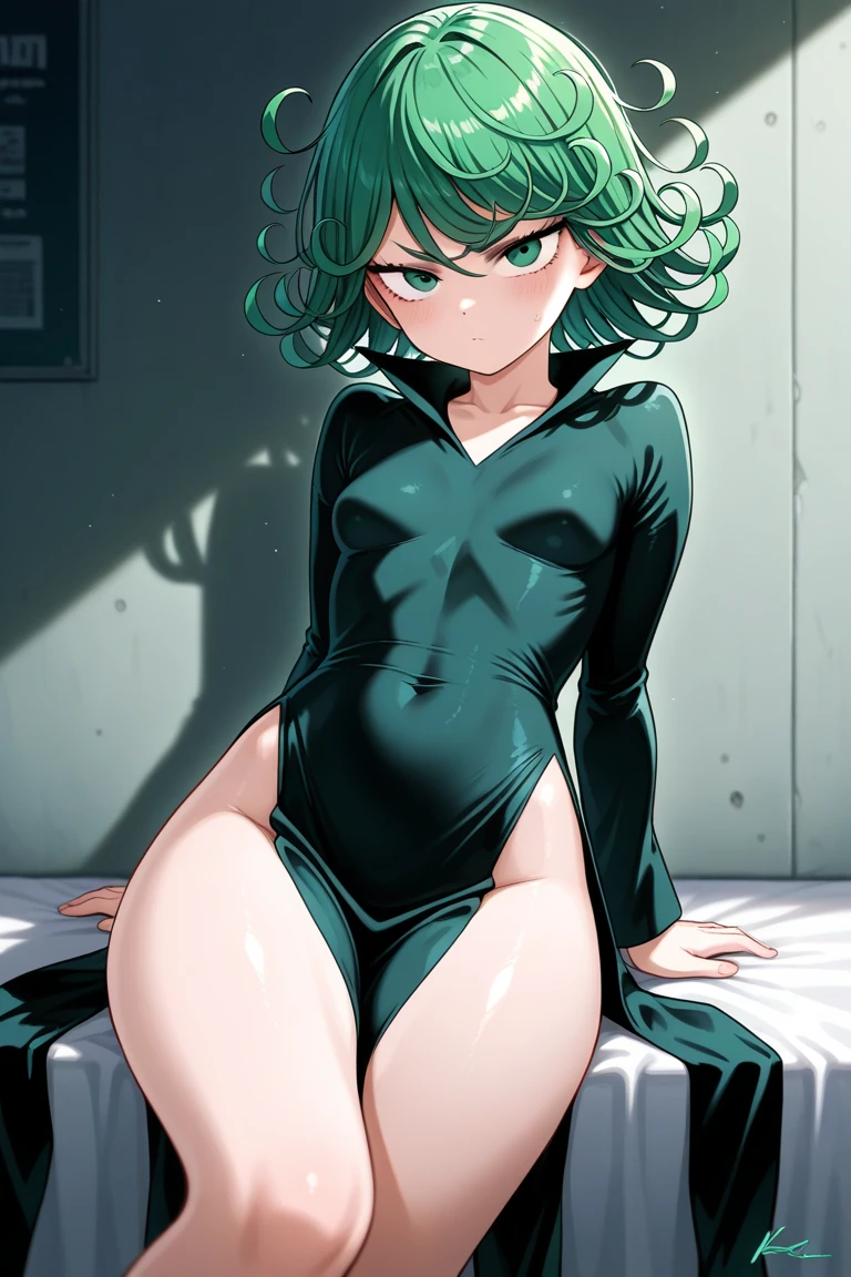 masterpiece, best quality, tatsumaki, flat chest, green hair, green eyes, from above, looking at viewer, green nails, black dress, bare legs, long legs, bare hips, hip focus, light frown, solo, murata yuusuke, latex clothing, facing viewer, laying on bed, exposed crotch, exposing crotch, latex panties, blushing, pleading eyes, foot focus, barefoot, presenting soles, sweaty, steamy, hard nipples, pinching own nipples, nose hook, hooked nose,