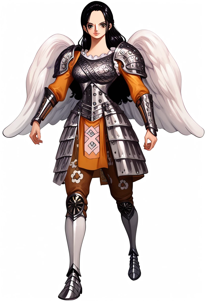 Tall woman with marked and sensual curves  (extremely large bust with neckline) One Piece style,  long black hair and brown eyes, medieval plate armor made of metal, full armor,  big white wings , full body art 