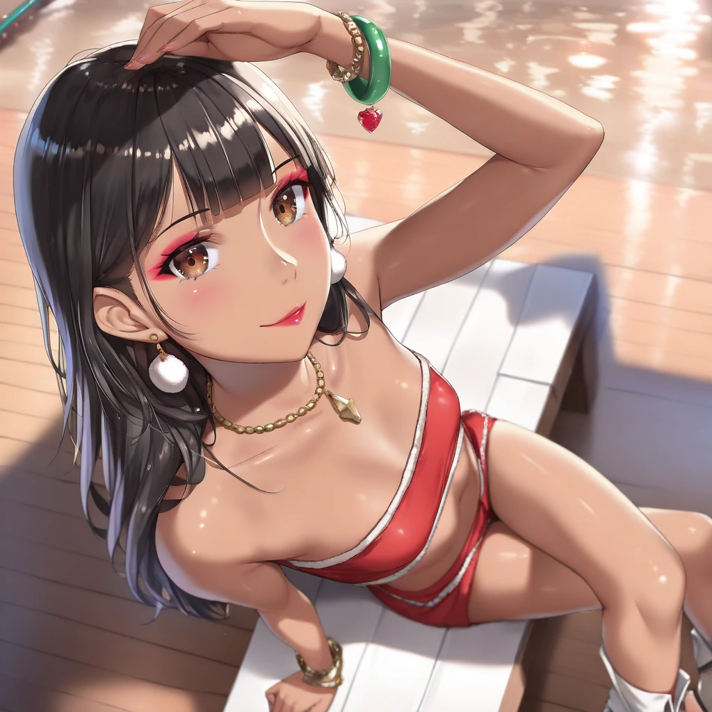 ((Masterpiece)), ((Best quality)), (perfect face), Young, nubile girl, obedient expression, hands behind back, wearing off shoulder 1 piece swimsuit, wearing open cup breast swimsuit, wearing open back 1 piece swimsuit, wearing ruffle 1 piece swimsuit, wearing red and white swimsuit, wearing collar and leash, leashed to a chair, kneeling at a man's feet, chin grabbed by a man, on a deck