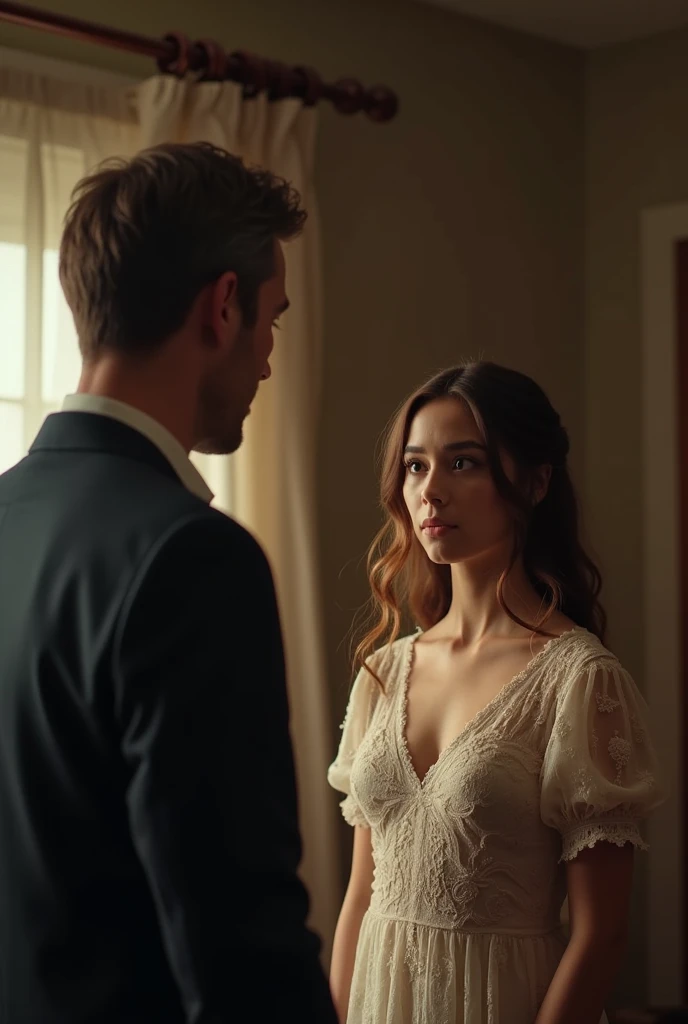 Create a vertical photo of a couple in the mirror, where the man admires his girlfriend, who is wearing a long dress, the woman with medium breasts and the man who is tall in a suit, They are both looking at the mirror while contemplating themselves