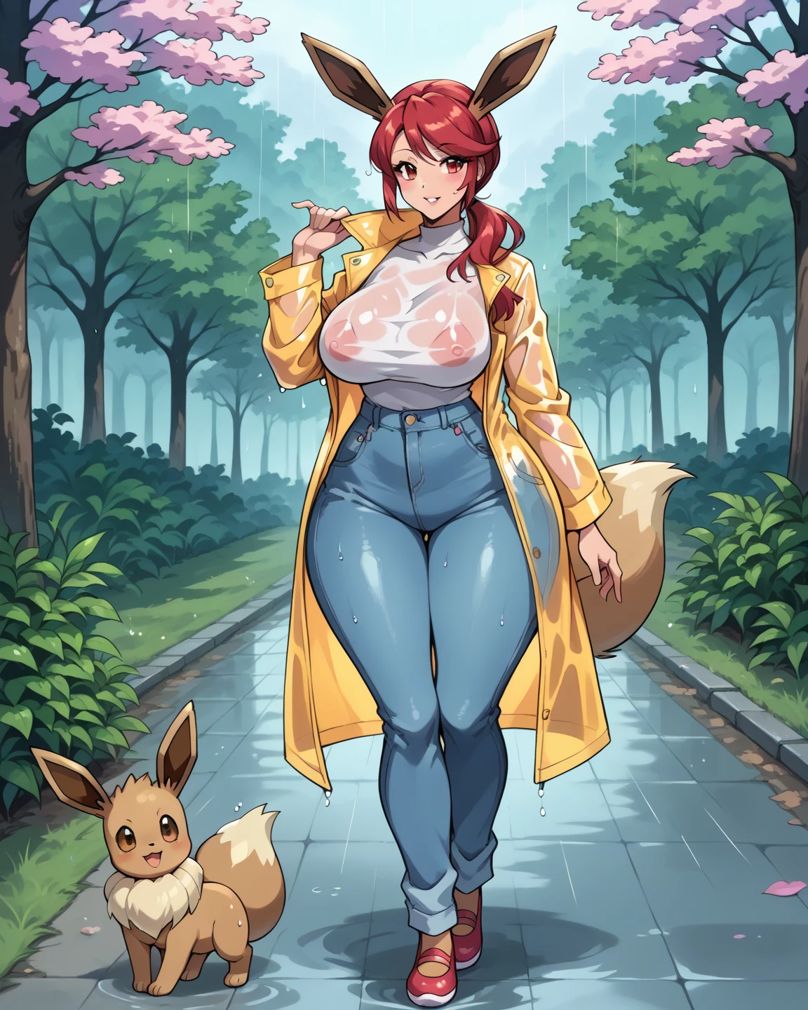 (anthro, fluffy fur, character focus:1.1), 1girl, anthro dog girl, body fur, solo, medium breasts, (thick thighs:0.3), curvy,in the garden (blue_clothes)