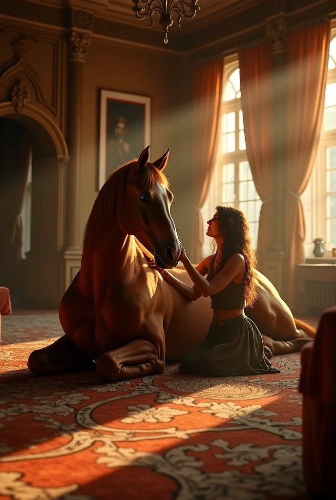 a noble british princess on a farm, lying on a bed, (petted by dogs:1.8), (petted by a dog's groin), seen from the side, ((masterpiece)), ((best quality)), ((intricate details)), ((ultra-realistic realism)), ridiculous resolution, a milf, mature woman, transparent, highly detailed, lighting, 1 girl, ((large breasts)), (nipple areola), perfect hand, detailed finger, beautiful detailed eyes, wavy curly hair, with brown eyes, badge, vd, (medieval european aristocratic clothes:1.2), a skirt, white stockings, nipple ear ring, detailed background, bedrooms, perfect eyes, seductive eyes, perky butt, flushed face, (crying:1.2), confused eyes, desires are fulfilled