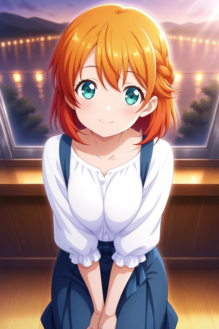 Solo, kousaka honoka, blue eyes, breasts, blush, smile, short_hair, glossy lips, bangs, skirt, medium breasts, shirt, cleavage, off the shoulders, collarbone, moist skin, clenched_hands, yellow_shirt, pressing her breasts, thighs