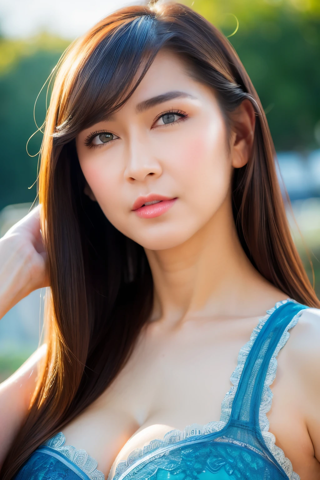 Highest quality, Realistic, Perfect Human Anatomy, Very detailed, Very delicate and beautiful, RAW Photos, Professional Lighting, illumination, Written boundary depth, Single Focus, whole body, Skinny Japanese woman, 45-year-old woman, Brown Hair, Small Head, Beautiful Eyes, True Face, Realistic skin, fine grain, (Fashionable hairstyles: 1.3),Bust Emphasis、Sexy blue dress、Lakeside