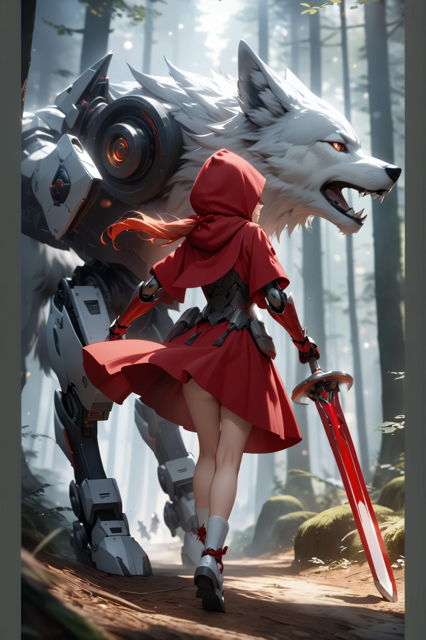   fantasy CG art  ,  Girl with Two Red Knot Hair ,(Cute Red and White Robot Armor ),(Long Red Hood  ,  Girl with Two Red Knot Hair :1.2),A big black robot wolf is about to jump over,Tense Battle in the Mysterious Forest, Rear View of Little Red Riding Hood ,Highest Quality,4K,8k,high resolution,masterpiece:1.2,ultra detail,high resolution,超high resolution,studio lighting,Ultra Precision Paint,Sharp concentration in nude clothes,Physical Based Rendering,Very Detailed Description,Expert with outstretched arms,bright color,Bokeh