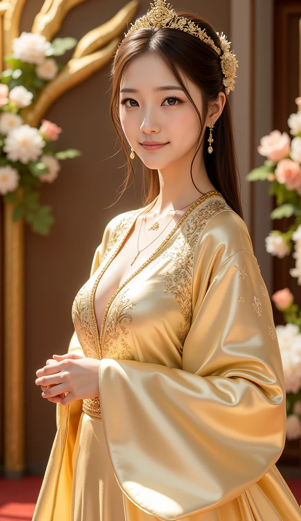 Asian woman elegantly dressed wearing gold jewelry