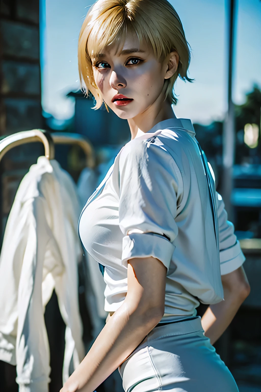 Perfect Anatomy Highest Quality,highest resolution,(((shiny white clothes shiny blonde short hair blue eyes shiny skin))) Sherry Birkin