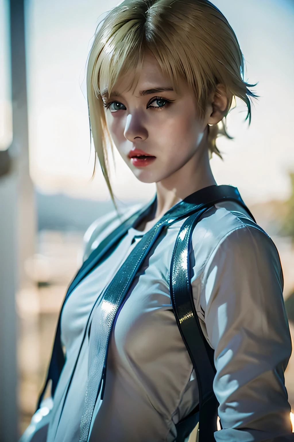 Perfect Anatomy Highest Quality,highest resolution,(((shiny white clothes shiny blonde short hair blue eyes shiny skin))) Sherry Birkin