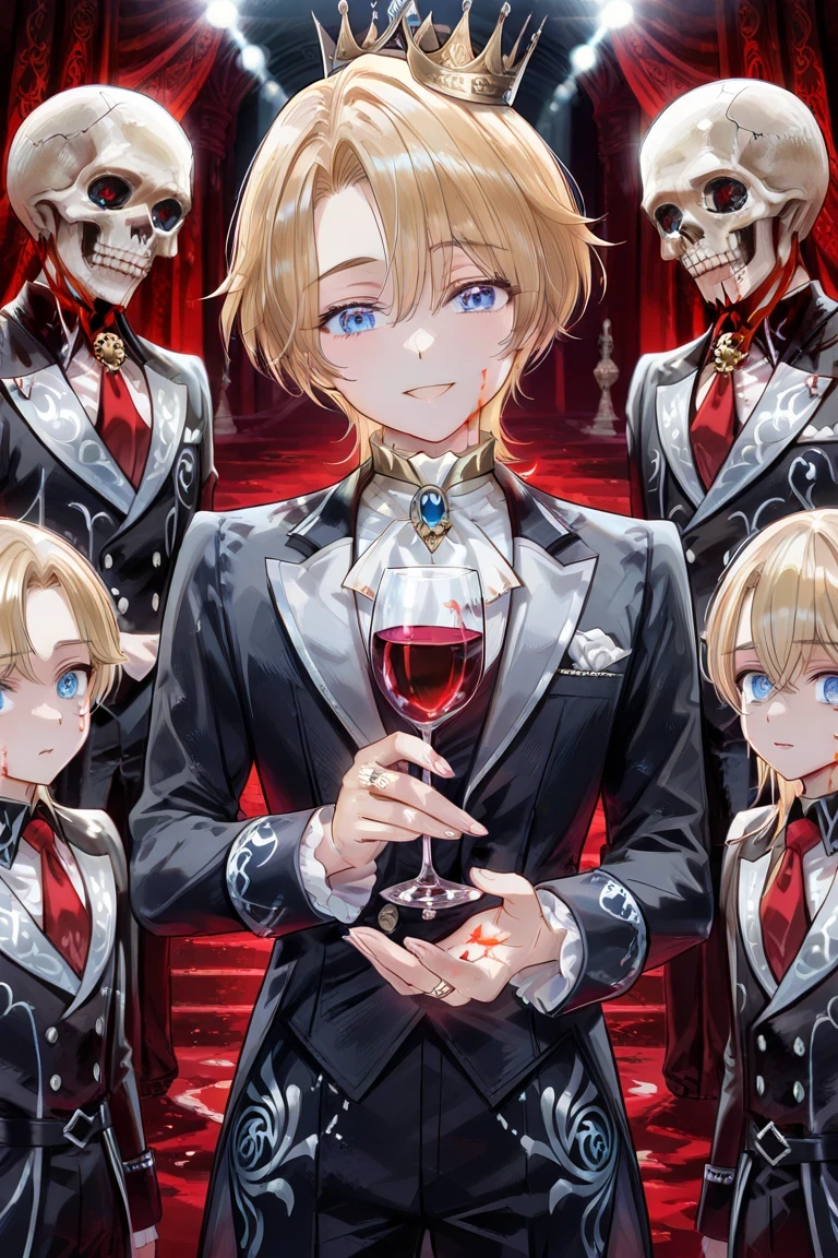 Professional grade ,exquisite presentation,comic illustration style, Fantasy Style ,The young boy in black and white Goethe-style male costume, Young boy character,Beautiful and delicate young boy Prince, flat chest, Long Blonde Hair , blue eyes,holding a tall red wine glass in his right hand with a gorgeous ring decoration on his jacket, Banquet scene with blood and skull patterns, Dim Lights, Young boy with horror,The young boy is surrounded by a sense of intrigue,The overall mood of the picture is formal and mysterious, conveys both aristocracy and danger. 's perspective and composition present a dramatic and focused perspective that slightly emphasizes her smiling facial expression