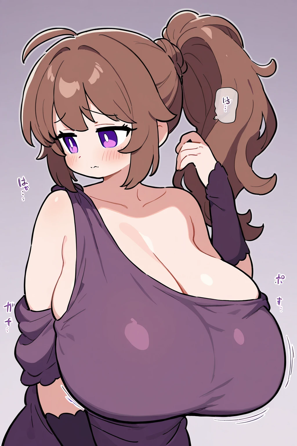 a slender and voluptuous figure,purple eyes with white pupils and elegantly long eyelashes, 
long brown hair,ponytail hairstyle 