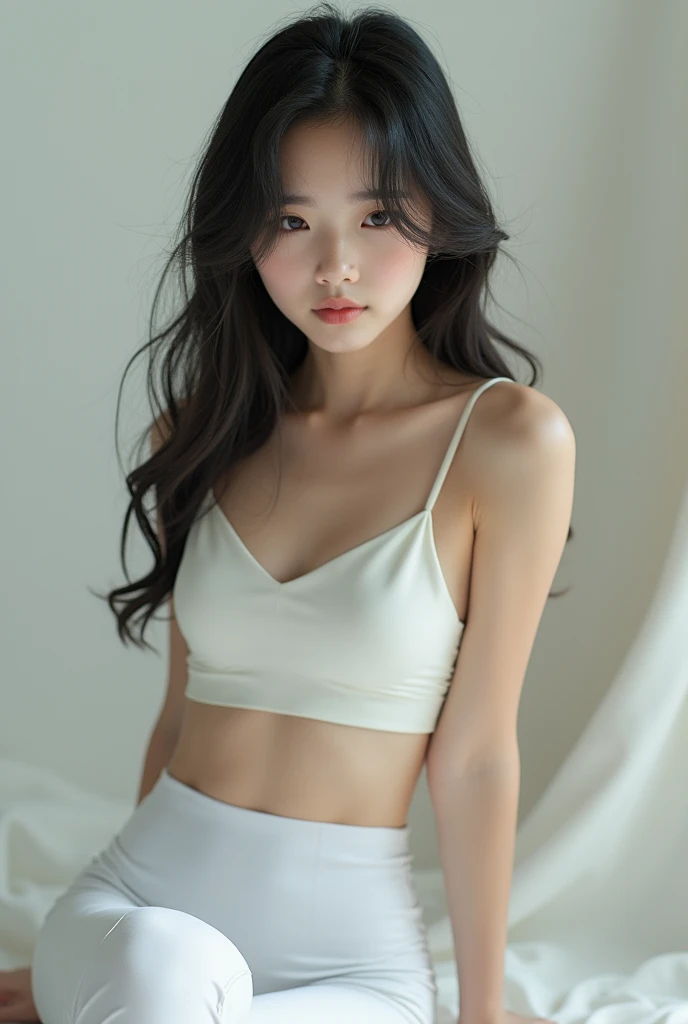celebrity van, gorgeous interior, Realistic character implementation, Realizing natural characters, natural face, Natural body, natural implementation, White jade skin, delicate details, Slander, narrow shoulders, Narrow pelvis. flat chest, exposed belly button, exposed pubis, exposed groin, thin legs, thin waist, skinny body type, young body type, Asian body, trendy hairstyle