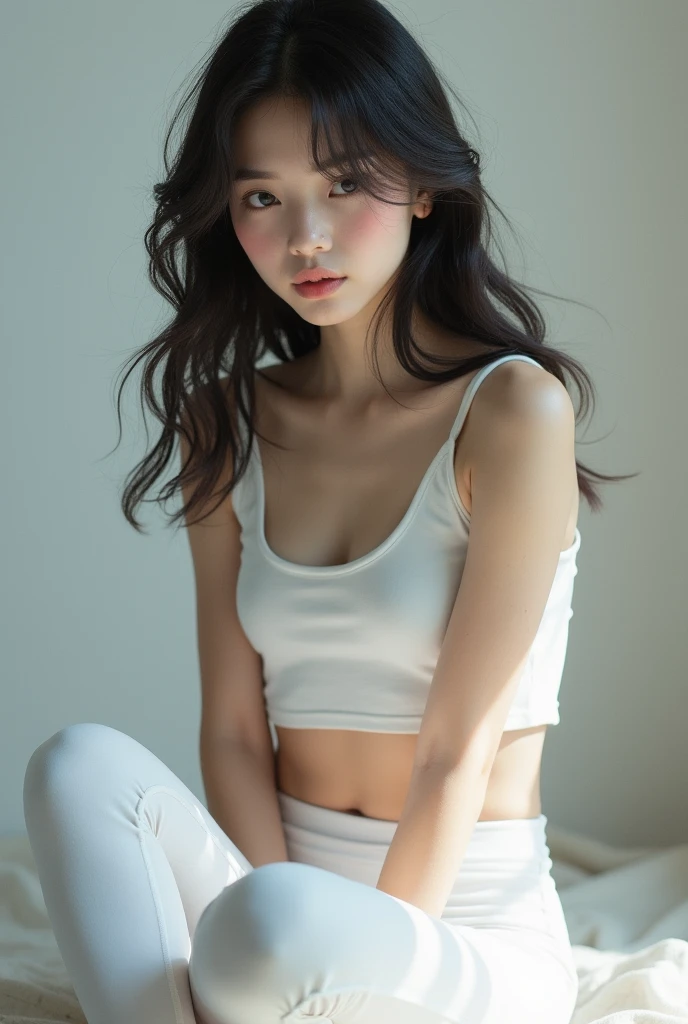 masterpiece, Best quality, Ultra-high resolution, High detail photos, Unity 8k wallpaper, Extremely detailed CG:1.2), Depth of Field, Bokeh, (original photo:1.Realistic Photography:1.4), (1 Girl:1.5), young, Physically based representation, beautiful, (Exquisite facial details:1.4, detailed服装), (detailed:1.4) christen (Hidemi Fukada:1.1) rest Cara hermosa, Depth of Field, Add layers, Surreal, 27 years old, Perfect body model, Perfect breasts, Height 175 cm, Strike sexy poses, whole body, whole body, Model body type, rest (White cropped top, White leggings:1.3), (Long hair:1.2), doble parpado rest sitting on a yoga mat, French Braid, Yoga poses, ((蓝色Yoga mat上)), Yoga mat, Yoga room with large windows