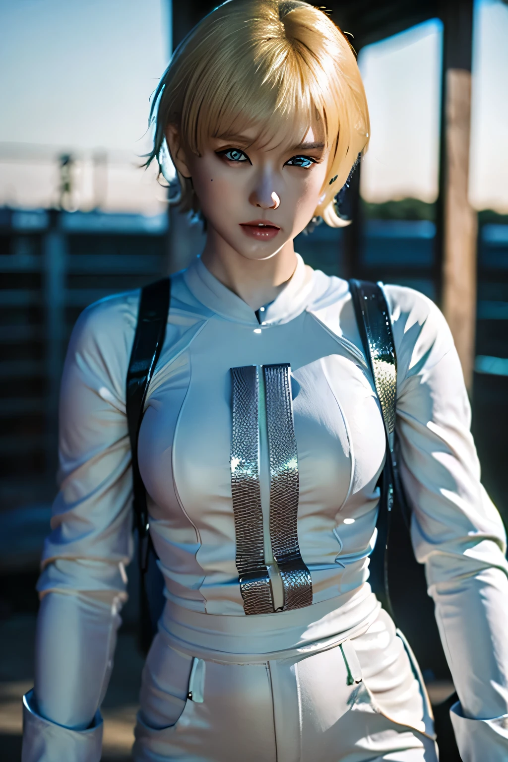 Perfect Anatomy Highest Quality,highest resolution,(((shiny white clothes shiny blonde short hair blue eyes shiny skin))) Sherry Birkin