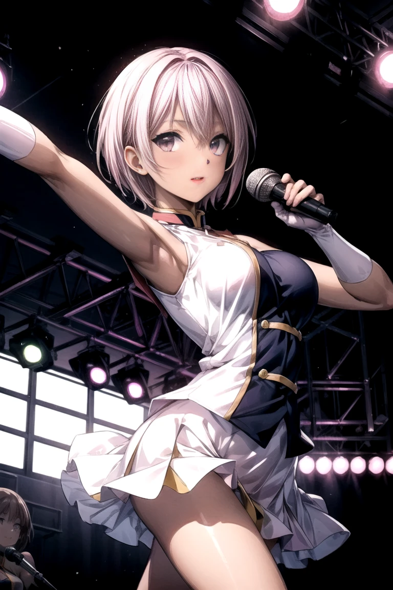 ((Masterpiece, Best quality)), (1girll), (Solo), (female focus), (ahoge, White hair, Short hair), Black eyes, Light smile, Open mouth, ((White shirt), (Buttoned shirt ), (Button gaps)), ((blackdress), (short  skirt)), standing on your feet, Stage,, dynamic angle