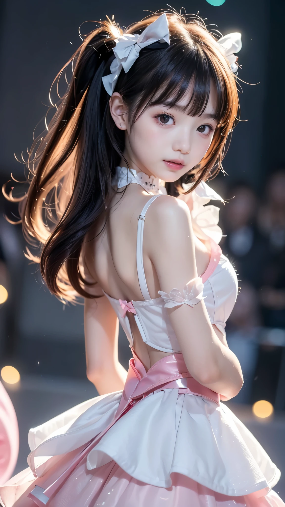 (((A transcendental cute magical girl is being transformed)))、(( small )),  Justice Heroine、nice bob cut、slender body line、long side bangs、wonderful hairstyle、Highest Quality、masterpiece、best quality、reality、ultra high definition、(detailed hands:1.3, perfect right hand:1.3)、dynamic pose on the back in heat、stage

