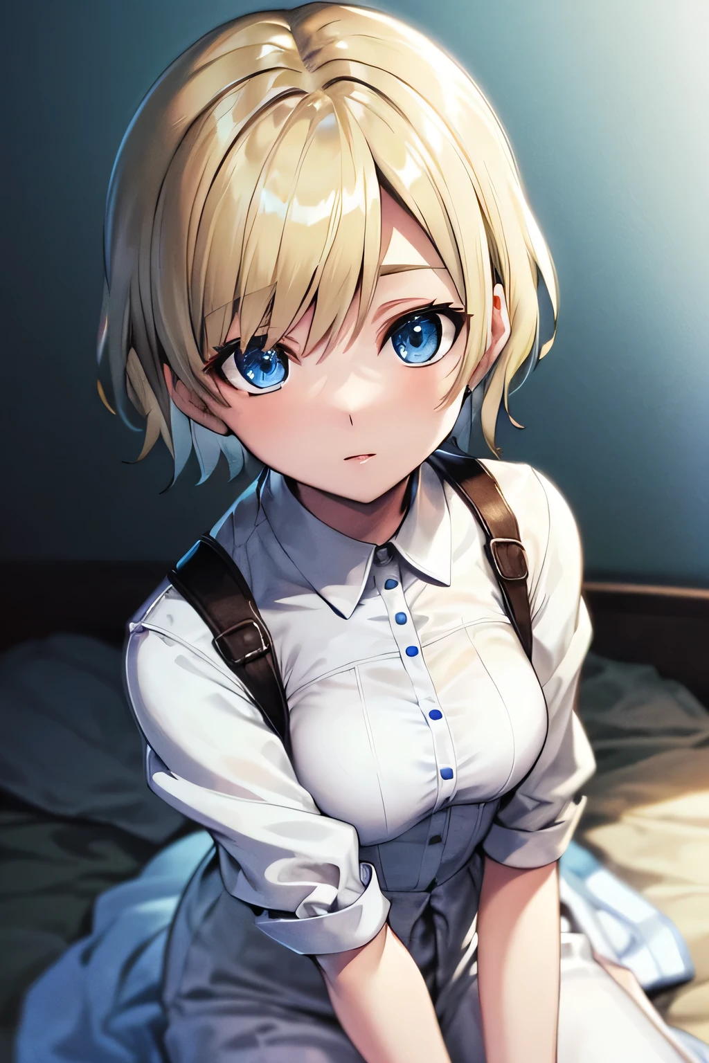 Perfect Anatomy Highest Quality,highest resolution,(((shiny white clothes shiny blonde short hair blue eyes shiny skin))) Sherry Birkin