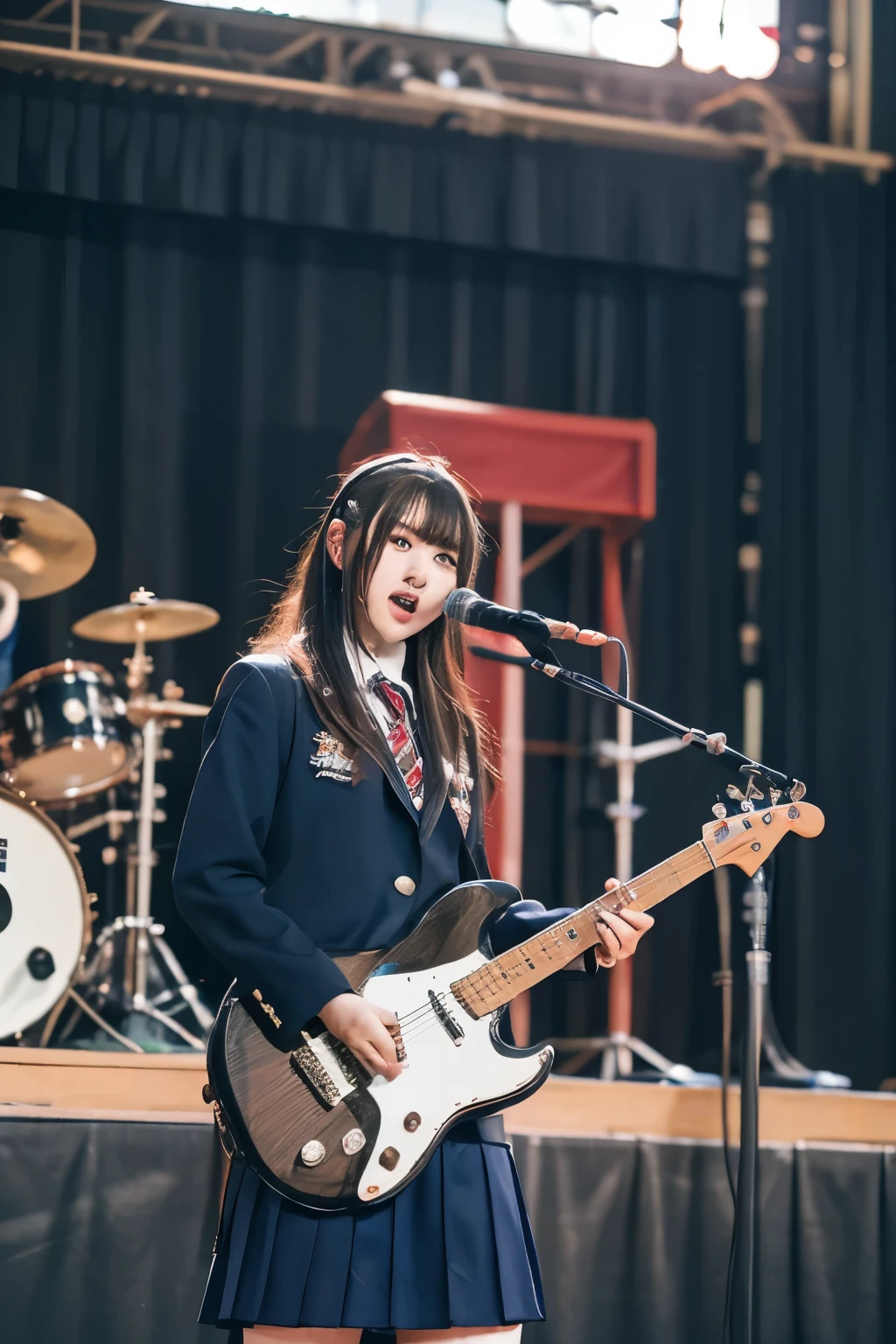 realistic、high image quality、Sharp details、8k、on the high school gymnasium、((High School Cultural Festival 2.0))、High School Student、 female elementary school students in the same uniform 、Playing4girl band、guitar&vocal、 based、 drums、keyboard、((Angle from the front of the stage))