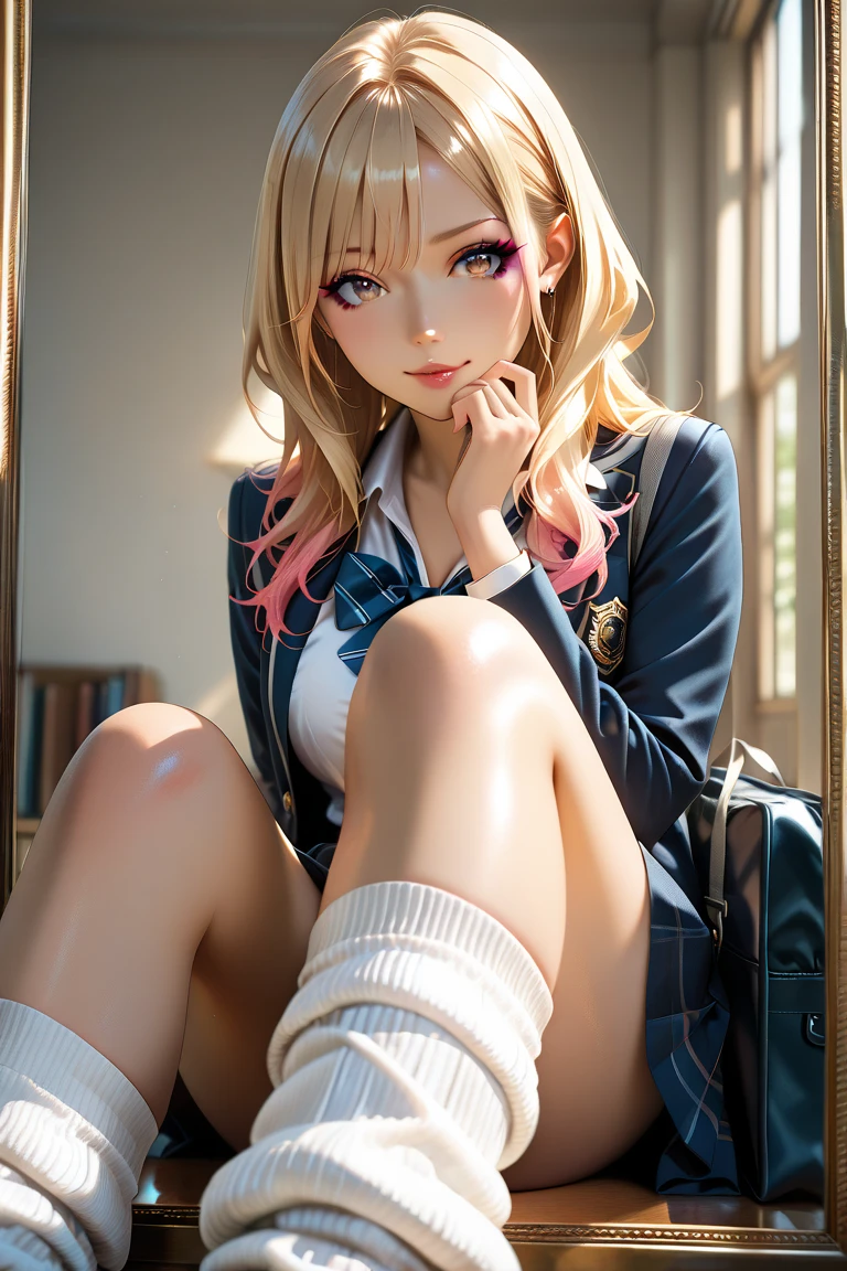 Very detailed expression, (RAW shooting: 1.2), (Photorealsitic: 1.4), beautiful details of beauty and delicate expression, blonde hair, ((panties visible)) (squat pants shot) Nipple piercings, eyelashes, beautiful details Eyes, Huge file size, Super detailed, High resolution, Super beautiful, Top quality, Masterpiece, (Japanese girls' high school uniform)), Spectacular, Fine details, Detailed facial movie writing, 23 year old girl, ( (dynamic pose))), (sitting cross-legged, bending the knees)), pleated skirt, blazer, sexy upper eyes