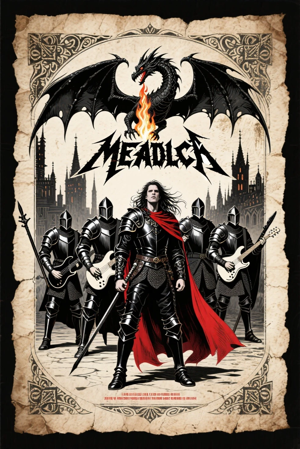 Illustration for a poster to promote a heavy metal concert, with two barbarian warriors with black hair and a chubby female warrior in armor, with purple hair and green eyes, between the two warriors, with fire behind them, in the style of 80's comic books, in the dimensions used for Instagram posts, with the event title The Alliance of Metal with the letters in metallic gray with black shadows, in the middle of the poster