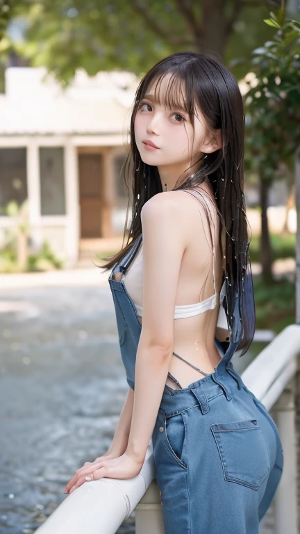 8K,Caucasian girl、Background Blur、super high quality、sunlight、Fair-skinned beautiful girl、、Young Breasts、Small breasts、Fleeting Expression、Clear contours、Adult atmosphere、high resolution skin、Fair and beautiful thighs、Young face、Innocent face、Hair tied up with hair accessories、Well-formed face、Wet lips、Naked and in overalls、Leaning against the ranch fence、My whole body is wet、Healthy legs、beautiful naked back、Front high angle shot