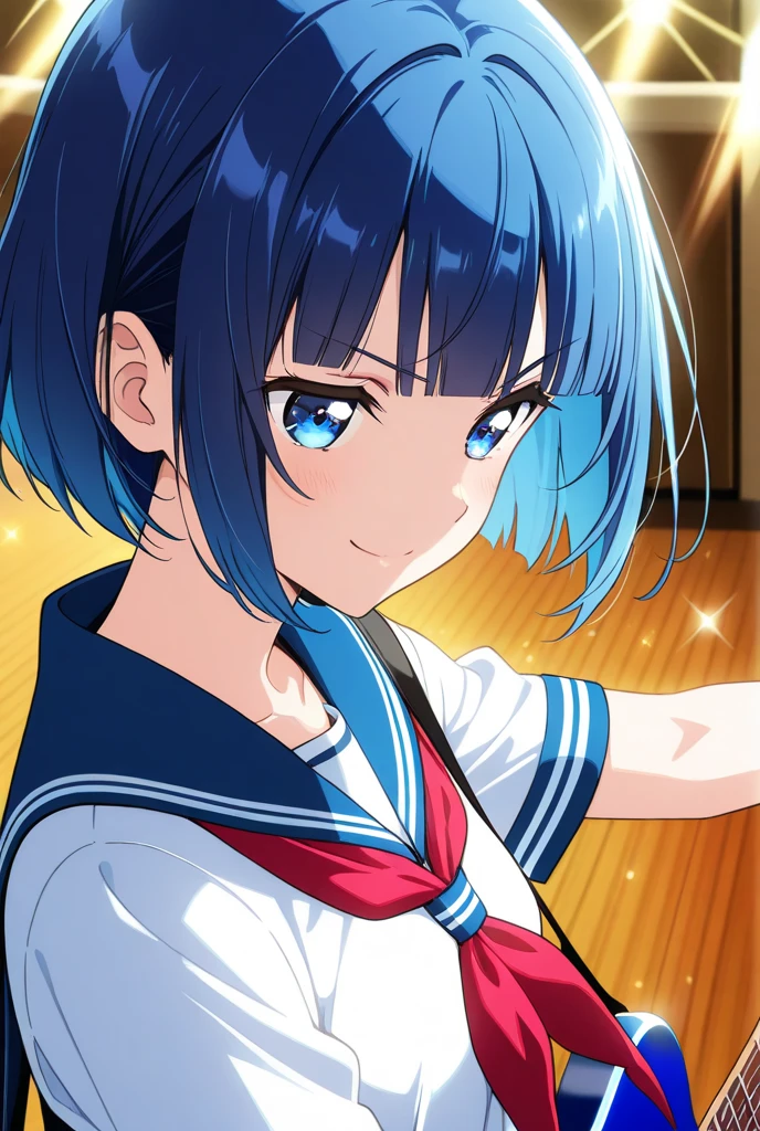 Yuriko Nanao (Million Live), (Top Quality, 8K, Masterpiece, Super Detail: 1.2), Cinematic Angle,
day, dappled sunlight, blue sky, beautiful clouds, cityscape, lens flare, glow, light particles, wide shot,
1 girl, solo, skirt, smile, watch viewer, sailor color, pleated skirt, short sleeves, school uniform, blush, seravuk, collarbone, ribbon, upper body, adjusted hair, wind, floating hair,chest with open arms.