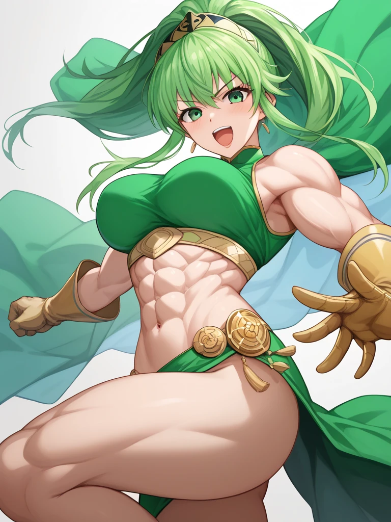 big breasts, thick thighs, celes chere, blue headband green leotard white cape blue belt blue bracelets blue boots