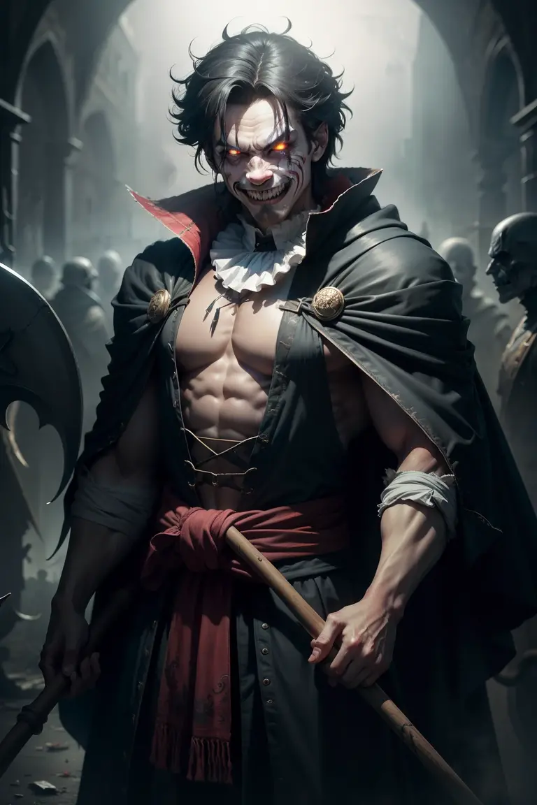 Joker and Batman cartoon style, (Absurdres, Intricate Details, Masterpiece, Best Quality, High Resolution, 8k), Sinister Man, Laughing.Detailed Background, Detailed Face, (V0id3nergy, Empty Theme:1.1) evil clown, tattered robes (smile: 0.8), purple and green color scheme, dark scarlet light,scenery streets of gotan , bright magic runes,