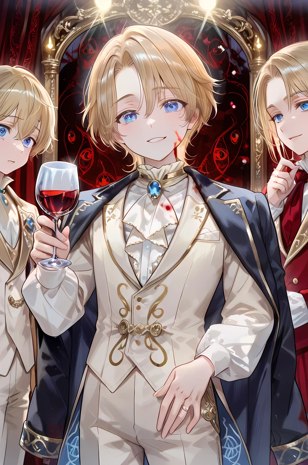Professional grade ,exquisite presentation,comic illustration style, Fantasy Style ,A young boy in a Goethe-style male costume, Young boy character,Beautiful and delicate young boy Prince, flat chest, Long Blonde Hair , blue eyes,holding a tall red wine glass in his right hand with a gorgeous ring decoration on his jacket, The banquet scene with blood and skull patterns, Dim Lights, Young boy with horror,The young boy is surrounded by a sense of intrigue,The overall mood of the picture is formal and mysterious, conveys both aristocracy and danger. The perspective and composition shows a dramatic and focused perspective that slightly emphasizes her smiling facial expression