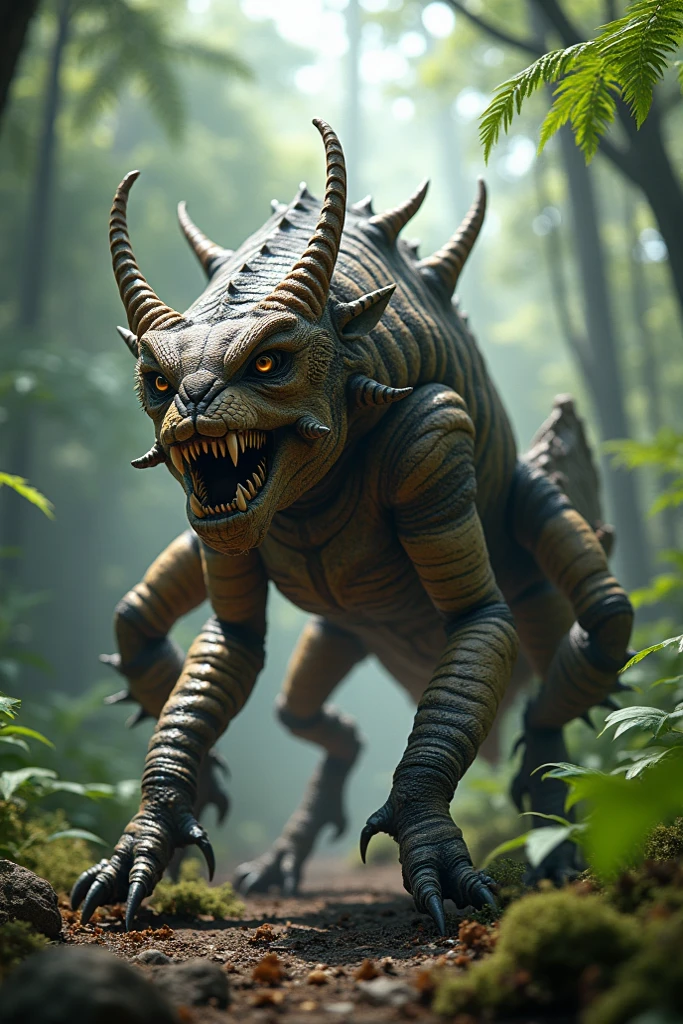 draw me a picture of a mutated lion and elephant with an angry open mouth expression and red eyes