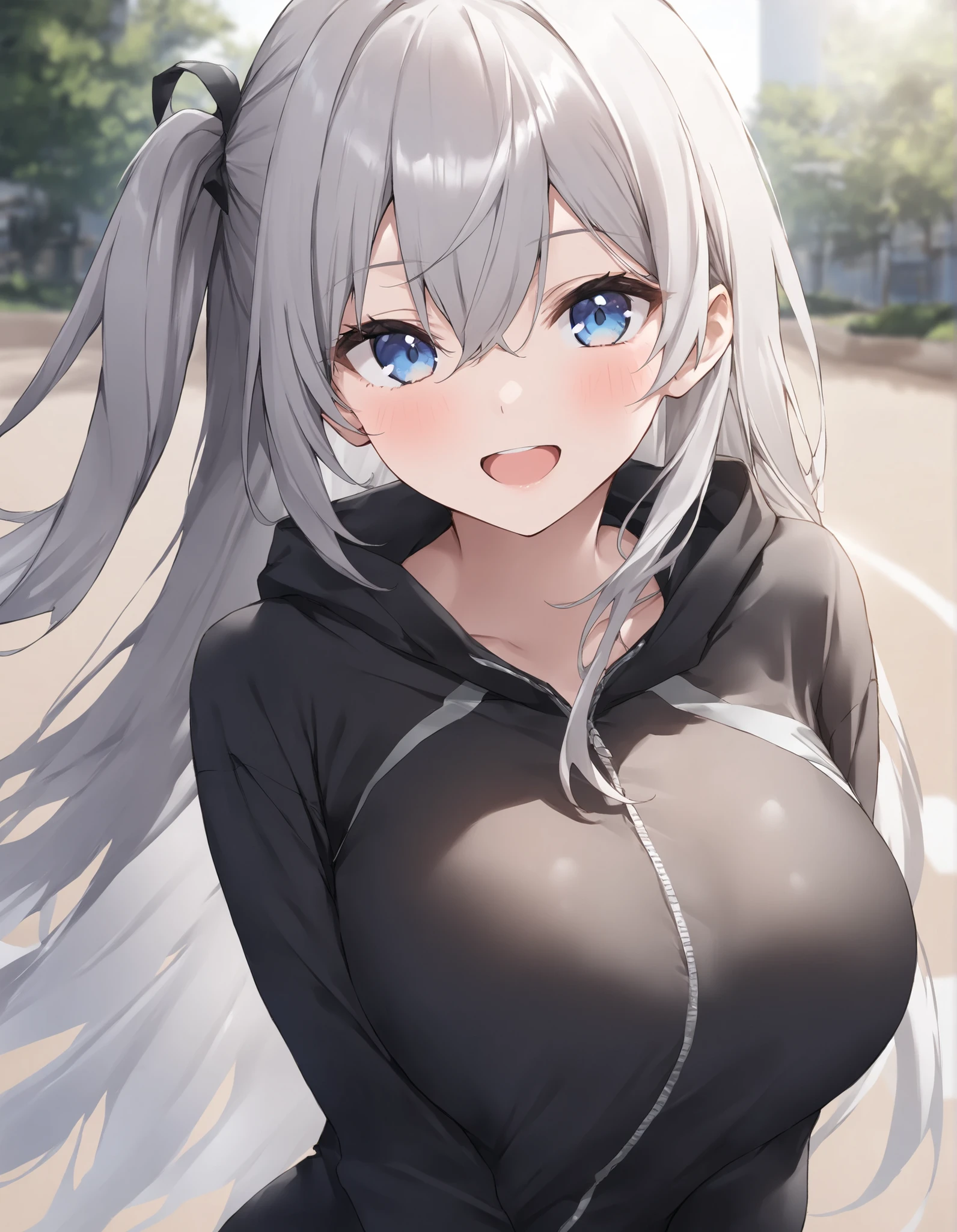 a picture on an art work or a animation that looks like an video game character, 1girl, breasts, solo, blue eyes, animal ears, goggles, large breasts, fang, open mouth, grey hair, long hair