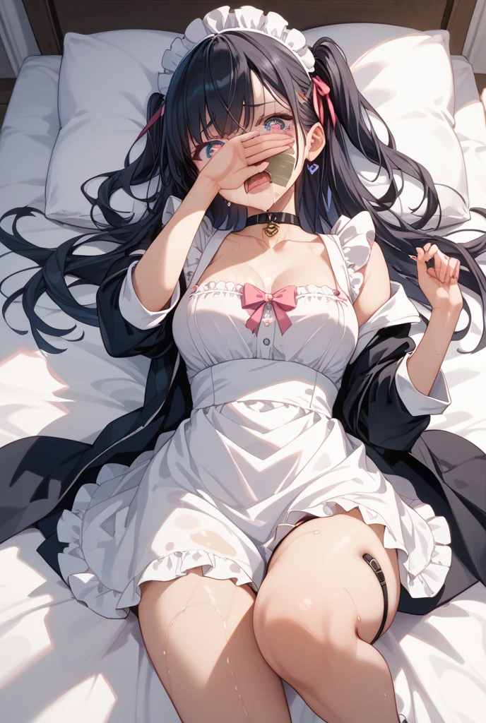 1girl,(bright lighting,romantic setting),dreamy background,,dark hair, mesmerizing gaze, , soft skin, alluring beauty, artistic portrait, high-quality image, vibrant colors,long pink floral sheer skirt, mosquito net, romantic bedroom, sidesuspension,solobound,blindfold,gag