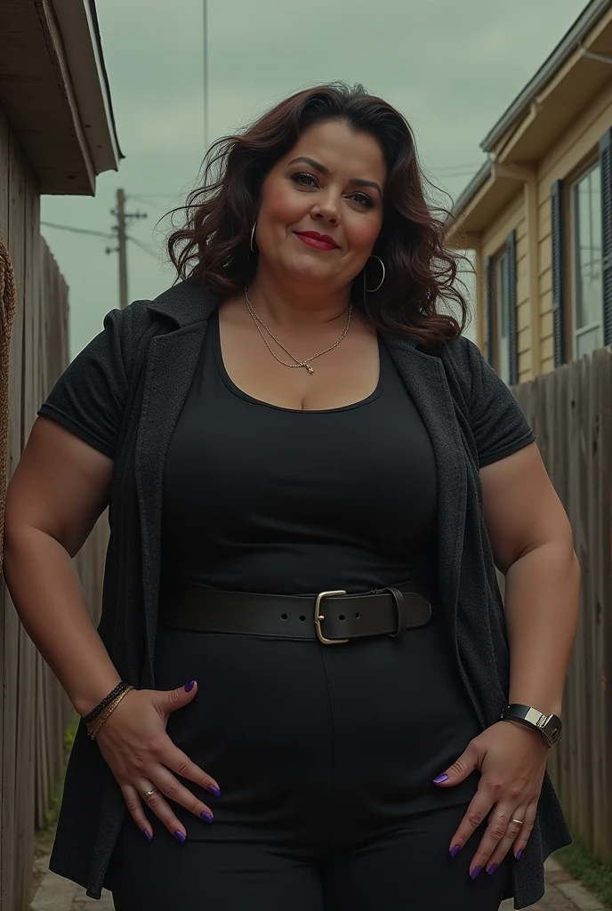 ((best qualityer)), ((work of art)), (detailded), 1 girl, Brunetette, much more very fat around 200kg full of fat with double chin on the neck with jeans, shirt and leather jacket
