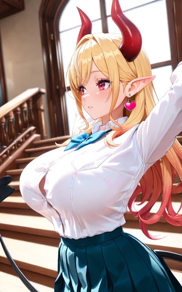Anime style, Painting, absurderes、perfect anatomia、Olivier Mira Armstrong、bra very、Bra visible from clothes、Braline、breastsout、Classroom、cleavage of the breast、clavicle、desk、From above、small breasts, length hair, on desk, pleatedskirt, School Desk, student clothes, see -through, The shirt, sitting on, Sitting on a desk, skirt by the, solo, thighs thighs thighs thighs, red blush, ssmile, elf, showing panties under the dress, small