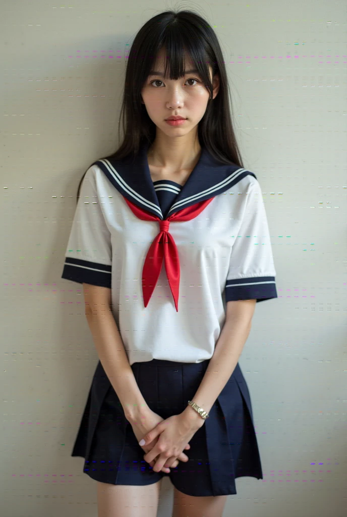 top-quality,ultra-detailliert,masterpiece,realisitic,Photo Real,Bright lighting,1 girl in, an extremely beautiful -yeld gi (kawaii:1.2),Thin smile, (Brown eyes),(brown haired),(bangss),perfect glossy skin,flawless skin,((erotick,Sexy and sexually explicit)),((accurate hands without incongruity)), large full breasts,big breasts thin waist, Look at viewers,((a sailor suit)),((Short sleeve uniform white shirt)),(red necktie),(Blue Mini Pleated Skirt),(((skirt lift by yourself))),(lifted by self),(Showing panties),panties on,panties focus,((Sit up,spread legswide)), sockes, (Black knee socks),(Loafer shoes), during daytime,On the train,Horizontal long seat with your back to the window