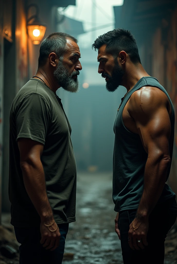 2boys, A handsome mature old indian dad with a massive beard and no shirt standing in front of a door,bald head,hyper muscular, pumped, roids, huge pecs, arms, biceps, shoulders, male focus, centered, tan skin, dom, ((size difference, hug from behind)), meticulous muscle definition, detailed face, big sexual energy, (60 years old)