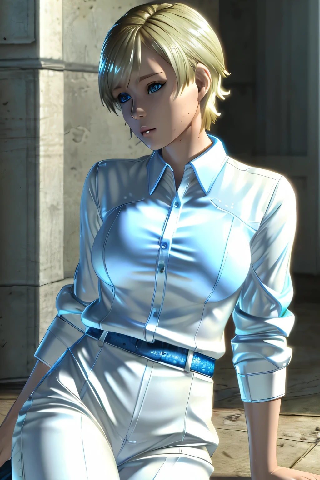 Perfect Anatomy　Highest Quality,highest resolution,(((shiny white clothes　shiny blonde　short hair　blue eyes　shiny skin)))　Sherry Birkin