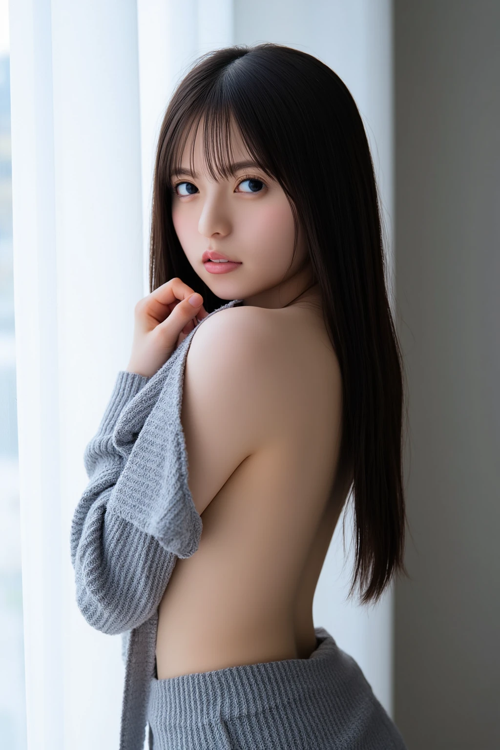 ((highest quality)), ((masterpiece)), (be familiar with), perfect face ((highest quality)), ((masterpiece)), (be familiar with), perfect face arafed woman with long black hair standing in front of a wall, long black shiny hair, black silky hair, Extra Dark Natural Black Hair, long straight black hair, long black straight hair, Perfect silky straight hair, straight black hair, long black hair, her hair is long and straight, detailed long black hair (Extremely huge breasts 1.8) (super long hair up to waist 1.50) One female 12 years old Japan's sexiest junior high school student neat bangs The neatly arranged bangs are a princess cut that covers the entire forehead. bright red lips detailed hands detailed fingers five fingers (narrow mouth) (natural makeup) (head facing forward) Sitting on the bed Hands are touching the crotch professional photographer five fingers Detailed hair quality detailed skin texture sensual look erotic expression expression of pleasure Take a picture of the whole body (not wearing any clothes) (Completely naked) not looking at the audience nipples are erect narrow eyes long eyes