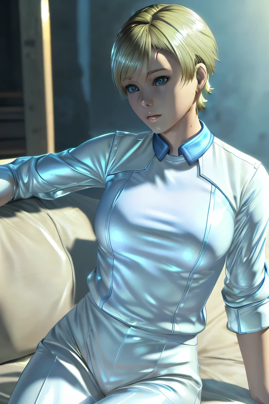 Perfect Anatomy Highest Quality,highest resolution,(((shiny white clothes shiny blonde short hair blue eyes shiny skin))) Sherry Birkin